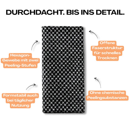 Detailansicht des PeelingTuch Original mit offener Faserstruktur und Hexagon-Gewebe, langlebiges Dusch-Peelingtuch für Rücken und Körper