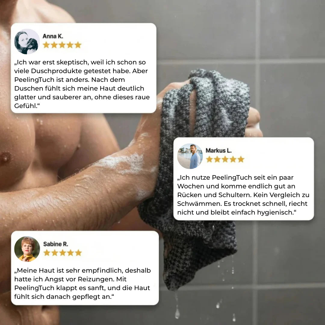 PeelingTuch Original in Anwendung unter der Dusche, gründliche Rückenreinigung mit positiven Kundenbewertungen und spürbar glatter Haut