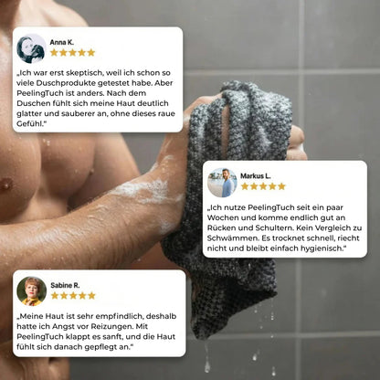 PeelingTuch Original in Anwendung unter der Dusche, gründliche Rückenreinigung mit positiven Kundenbewertungen und spürbar glatter Haut