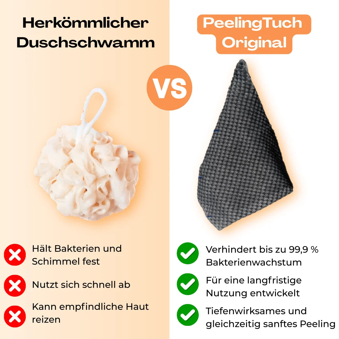 Vergleich zwischen herkömmlichem Duschschwamm und PeelingTuch Original für hygienische und gründliche Rückenreinigung